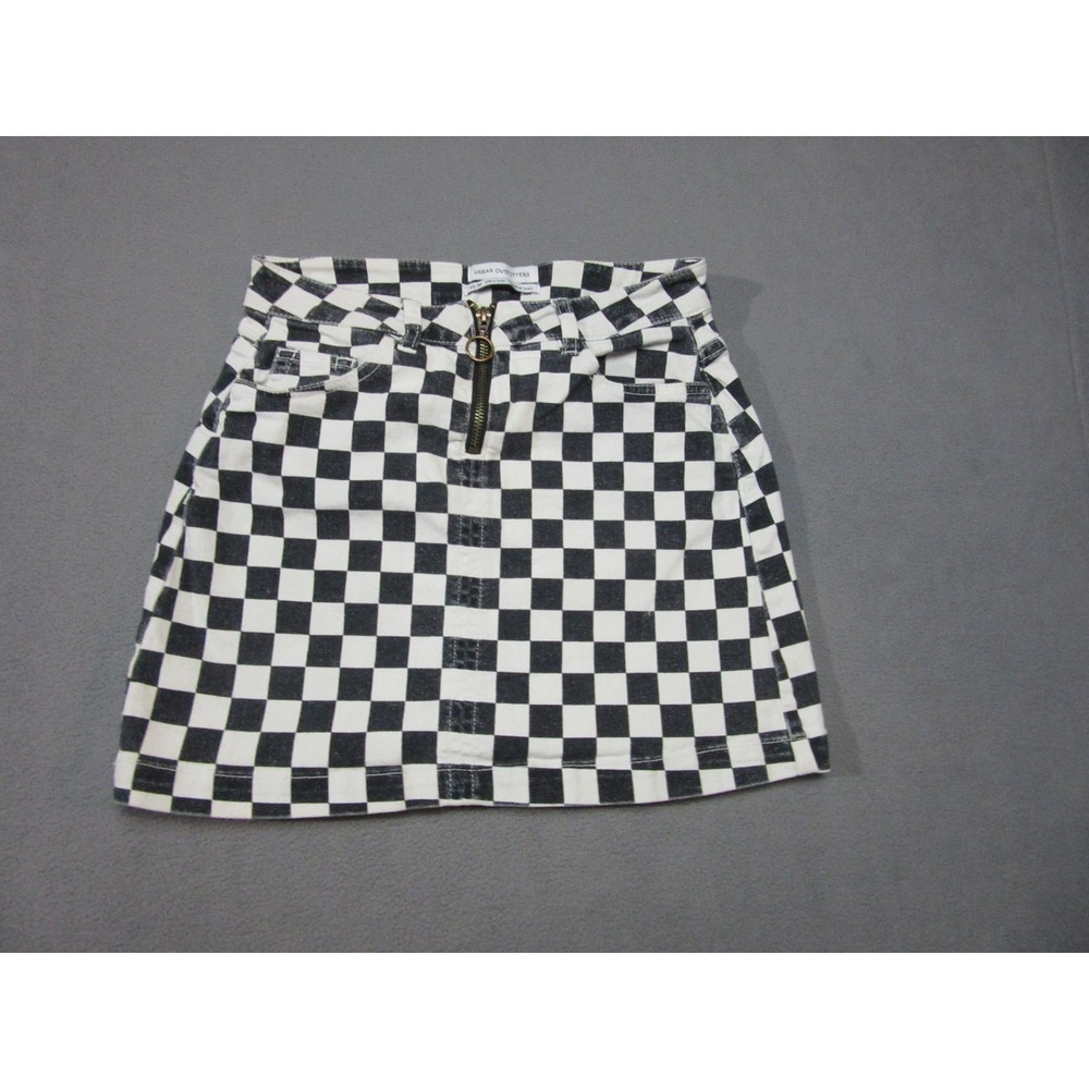 Urban Outfitters Mini Skirt Womens XS Black White Check Denim Stretch Front Zip